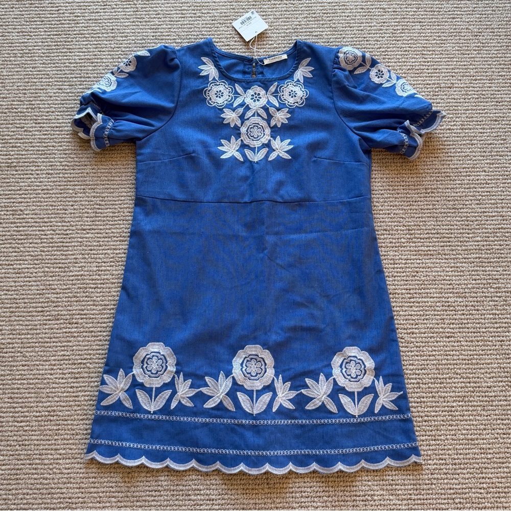 SundayUp Blue and White Embroidered Floral Dress